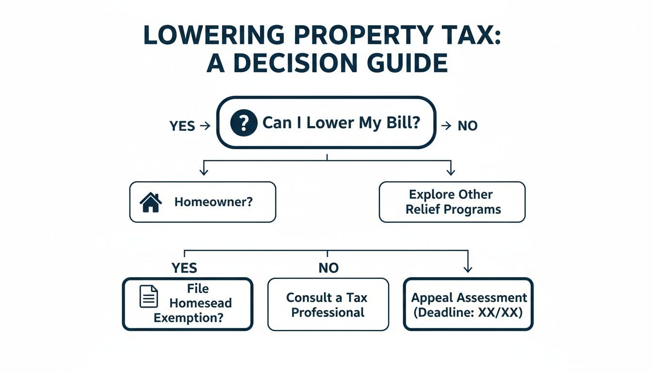 Flowchart guiding homeowners on how to lower property tax through exemptions or appeals.