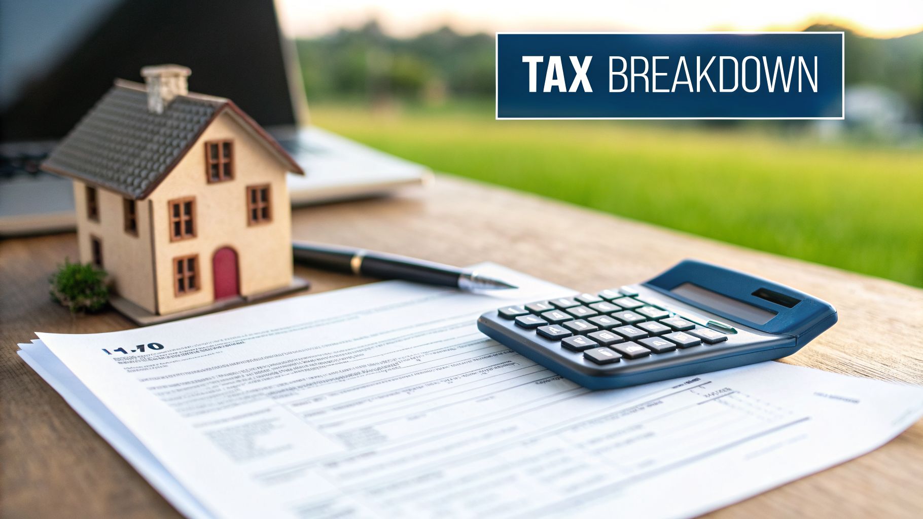Miniature house, calculator, and tax forms on a desk, with a 'TAX BREAKDOWN' banner. Illustrates property tax calculations.