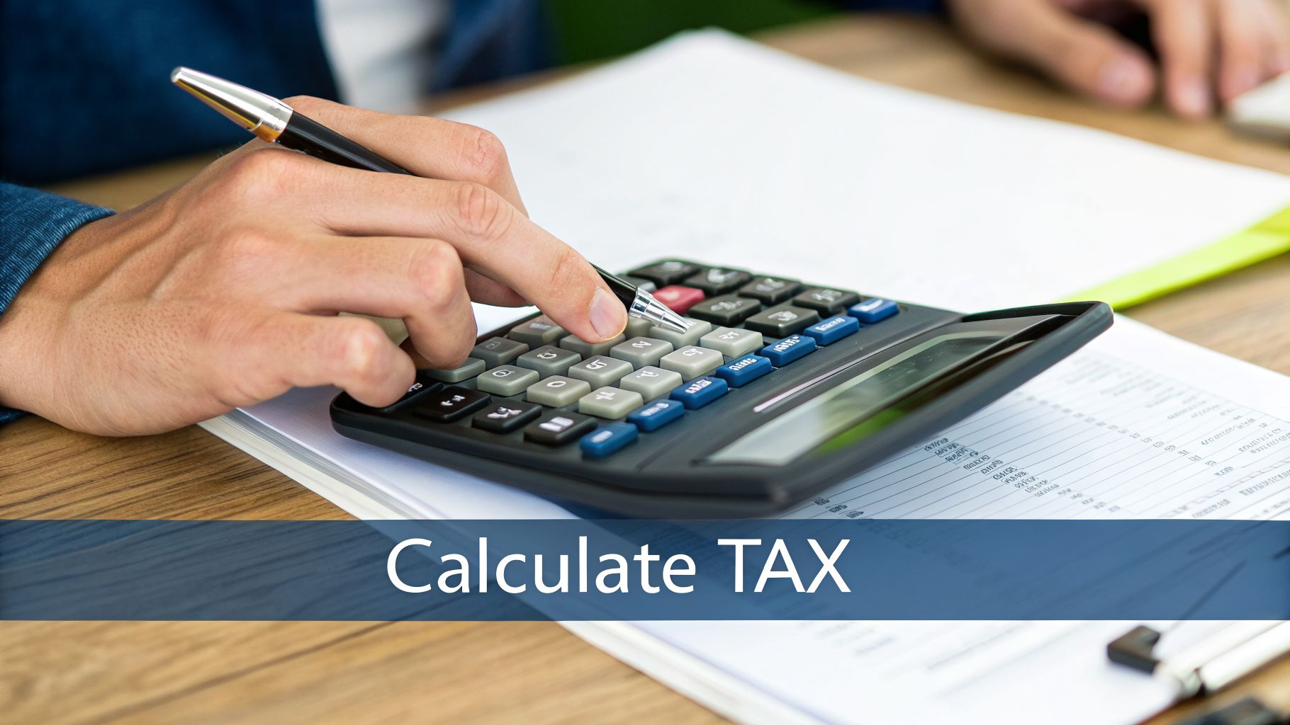Close-up of a person's hands using a calculator and pen to calculate taxes on a desk.