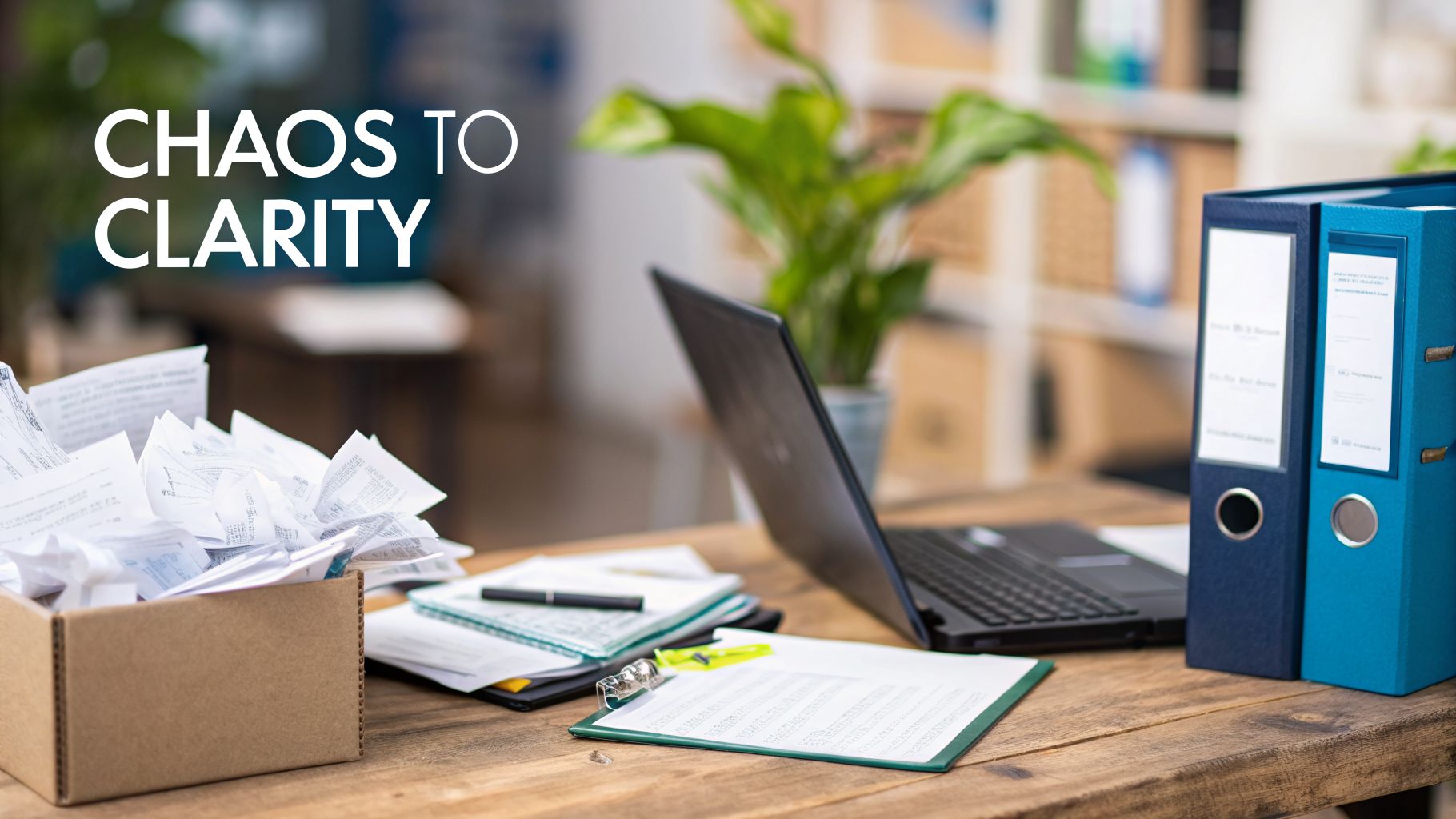 A cluttered desk with receipts and a laptop contrasts with organized binders, symbolizing financial clarity.