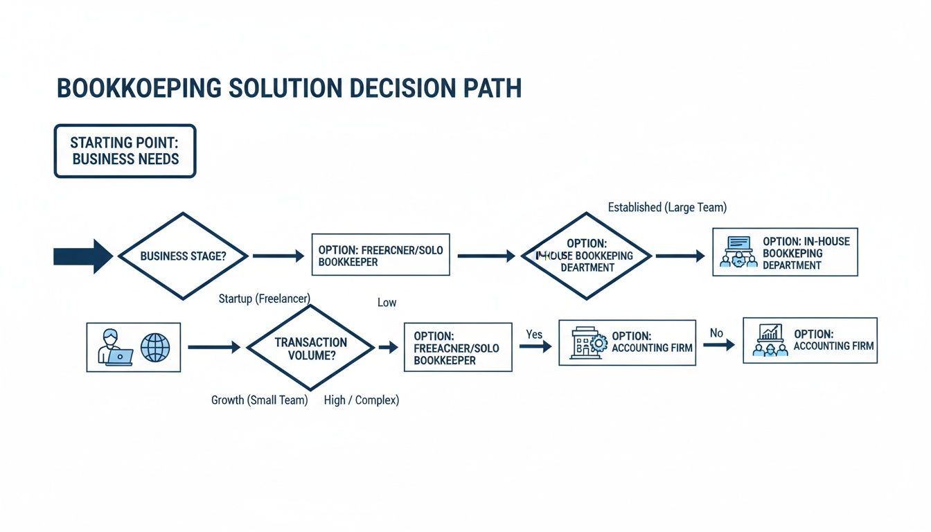 Flowchart illustrating bookkeeping solution decision path based on business stage and transaction volume.