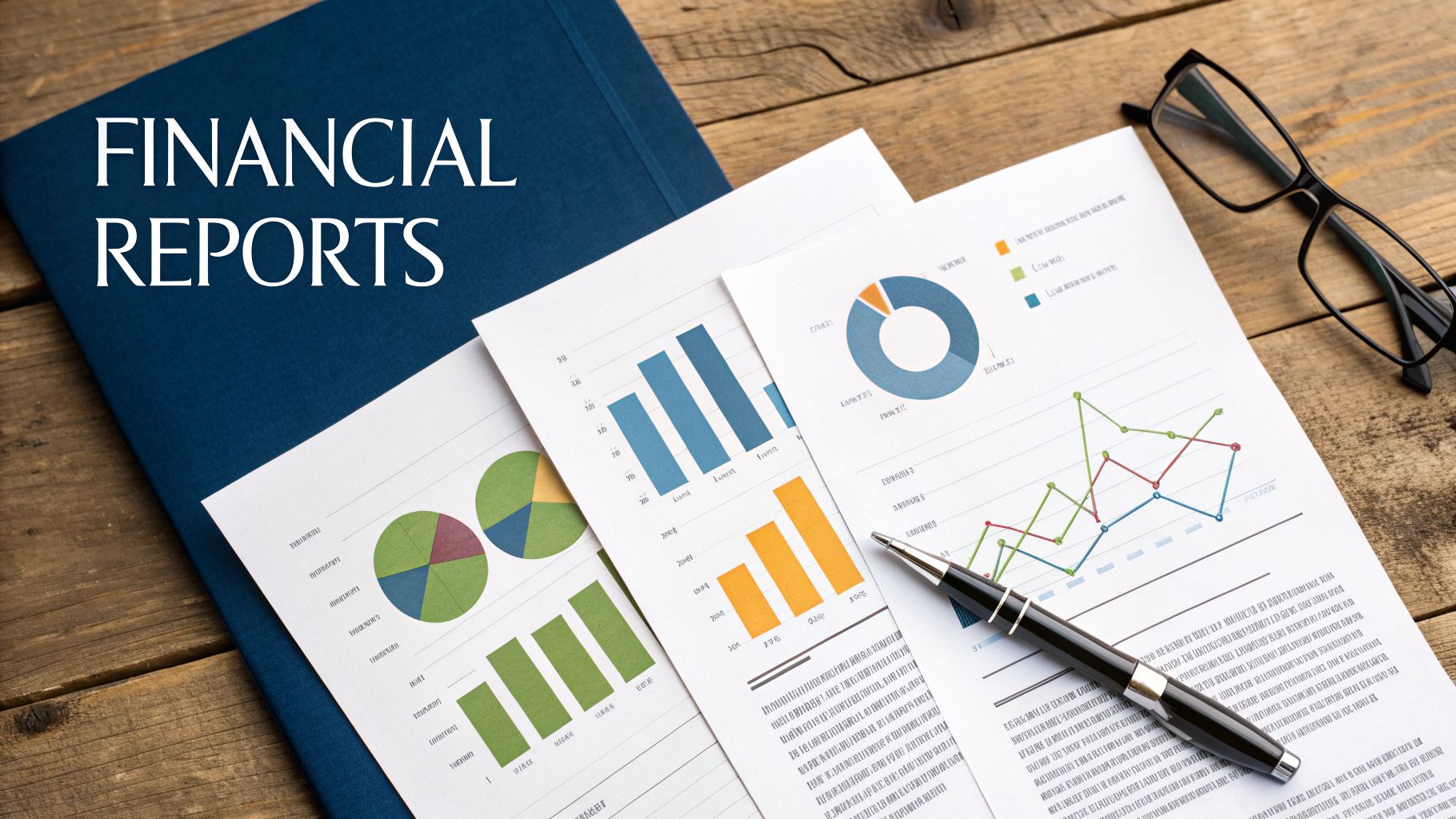 An overhead view of financial reports with charts, a pen, and glasses on a wooden desk.