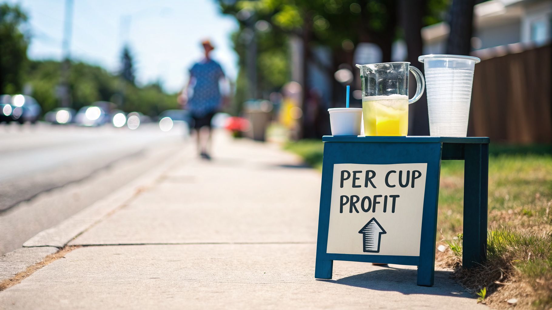 A lemonade stand on a sidewalk with a sign reading 'PER CUP PROFIT' and an upward arrow.