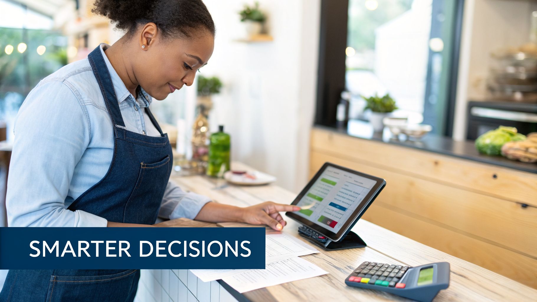 A smiling woman in an apron uses a tablet at a counter, making smarter business decisions in a cafe.