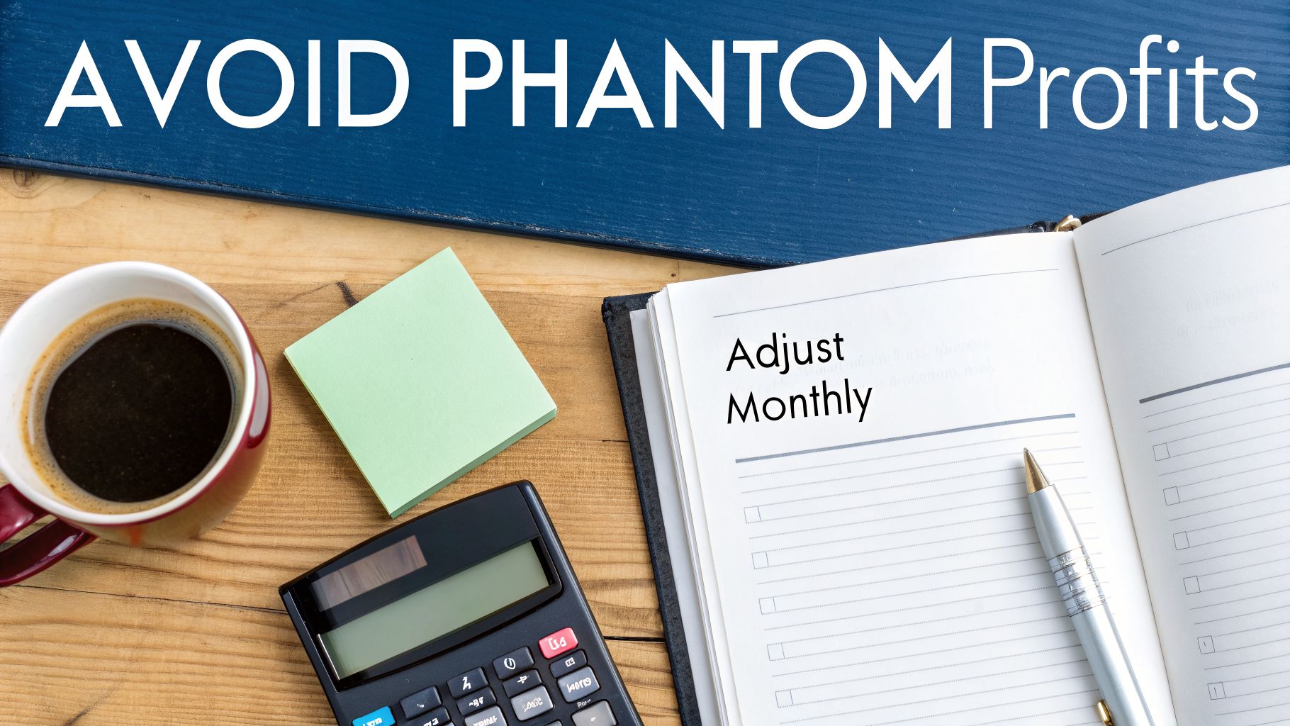 A desk with coffee, calculator, sticky notes, an open notebook with 'Adjust Monthly' text, and a pen, under a blue surface with 'AVOID PHANTOM Profits'.