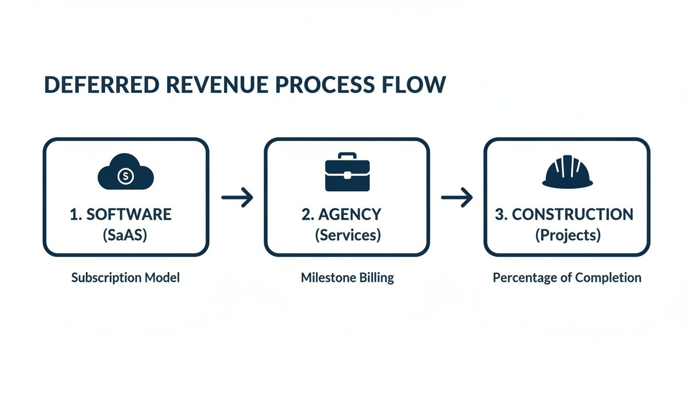 Deferred revenue process flow diagram illustrating recognition methods for software, agency, and construction.