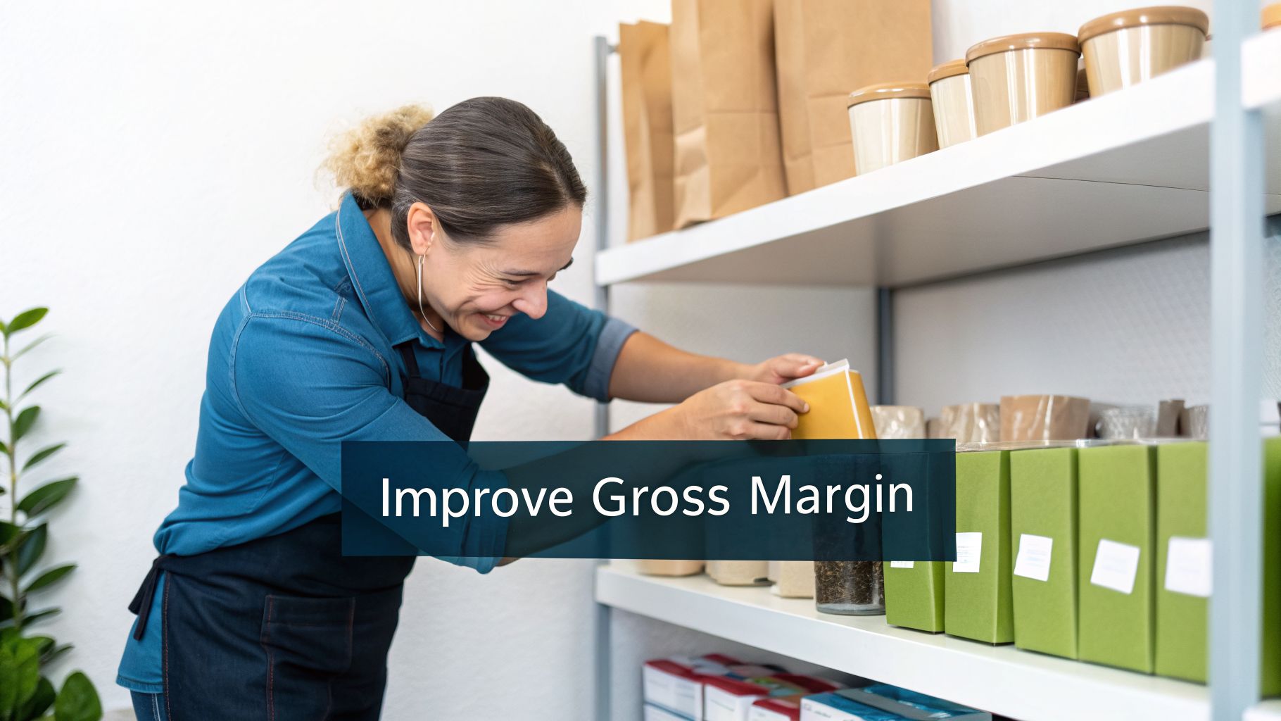 A smiling small business owner organizes products on shelves, demonstrating efficient inventory management.