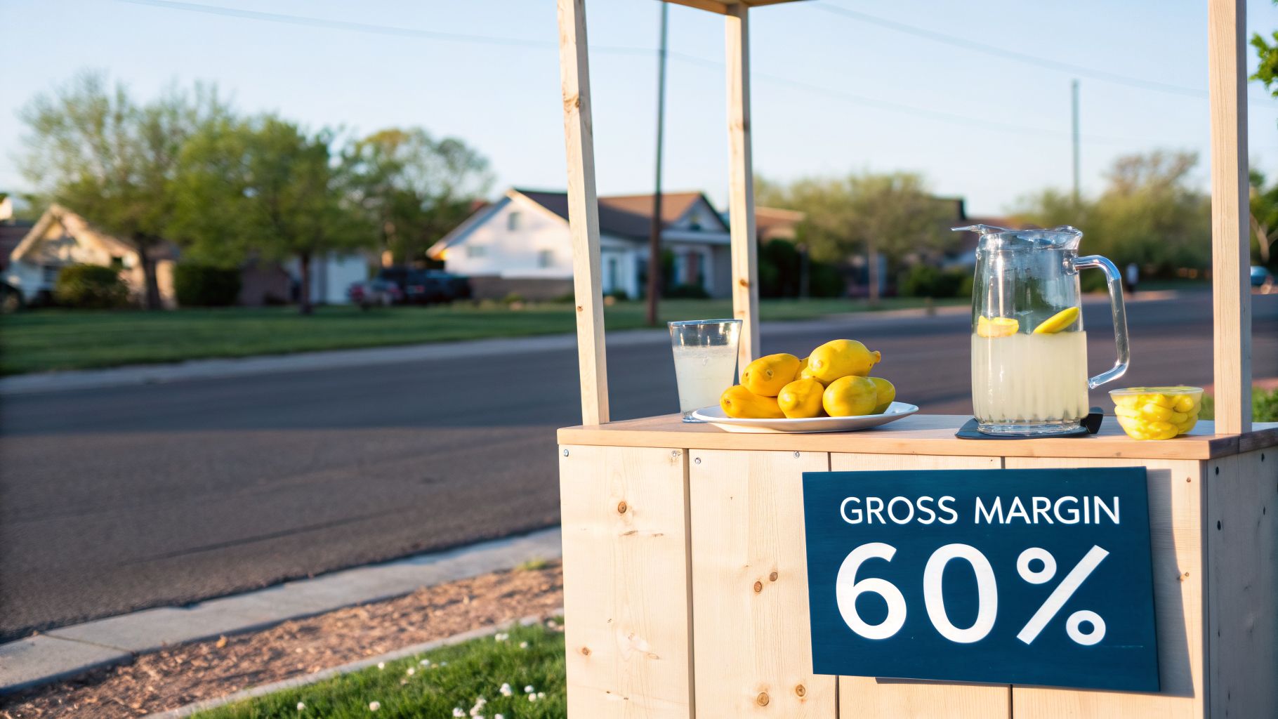A lemonade stand with fresh lemons, a pitcher of lemonade, and a sign displaying 'Gross Margin 60%'.