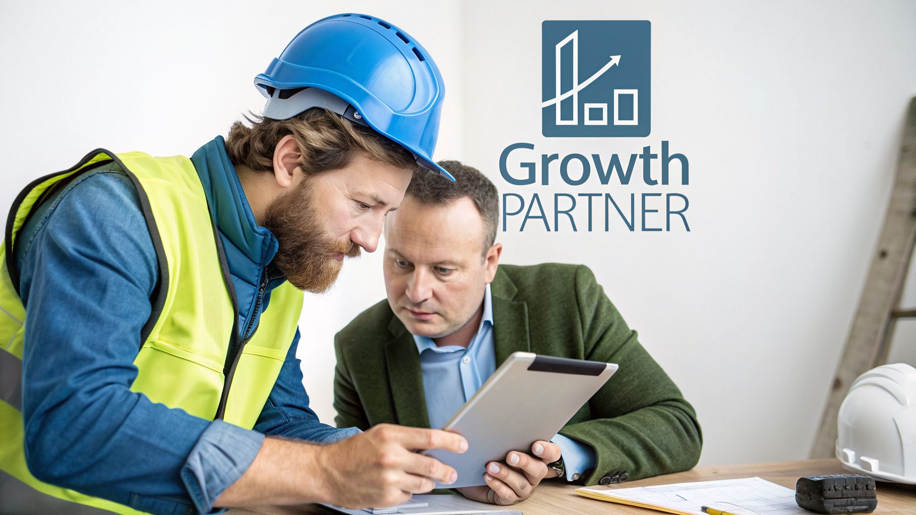 Two men, a construction worker and a businessman, review plans on a tablet, symbolizing partnership and growth.