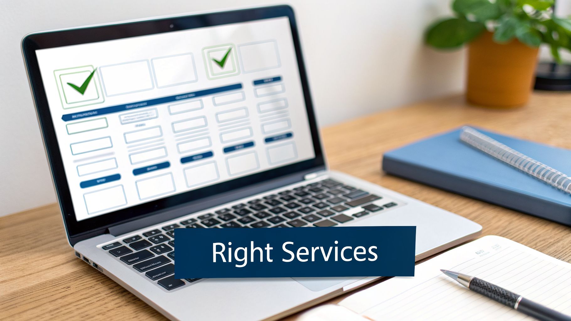 A laptop on a wooden desk displaying a digital form with green checkmarks, overlaid with 'Right Services' text.