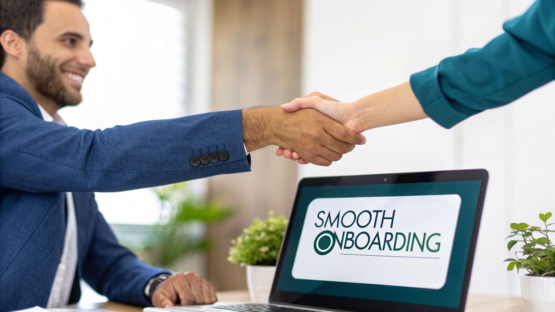 Two business people shake hands over a laptop displaying 'SMOOTH ONBOARDING' during a meeting.