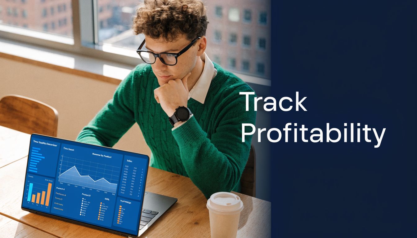 A young professional analyzing financial data and profitability charts on his laptop in a bright office.