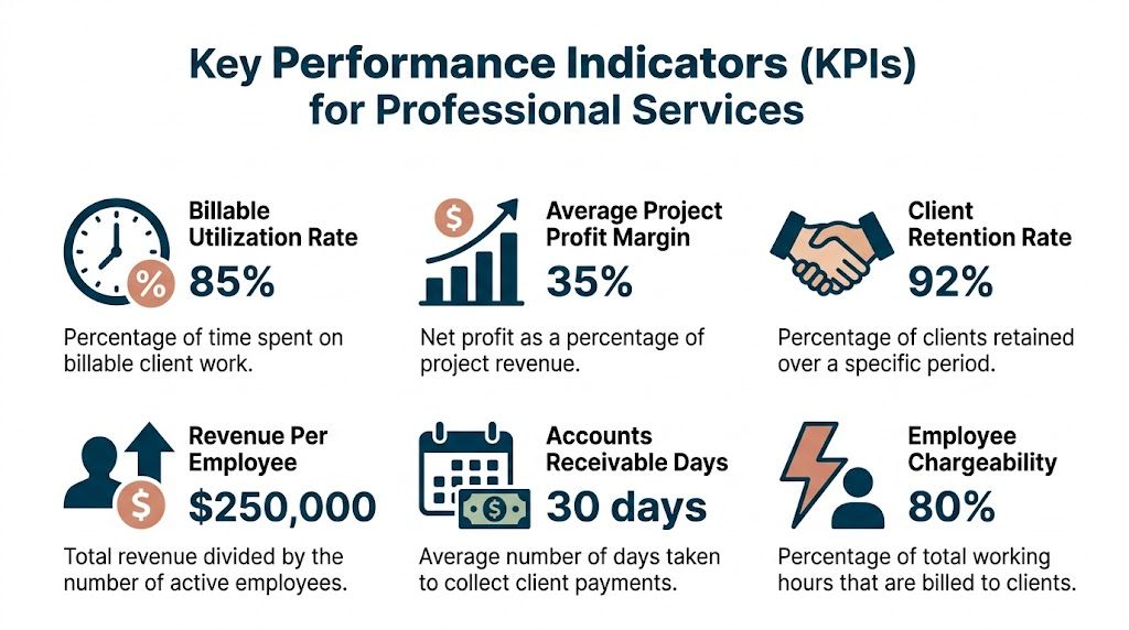 An infographic detailing six essential key performance indicators for measuring professional services firm success.