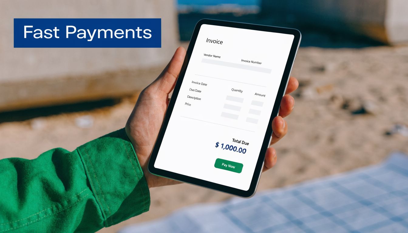 A person holding a tablet showing an invoice payment screen with a total due of one thousand dollars.