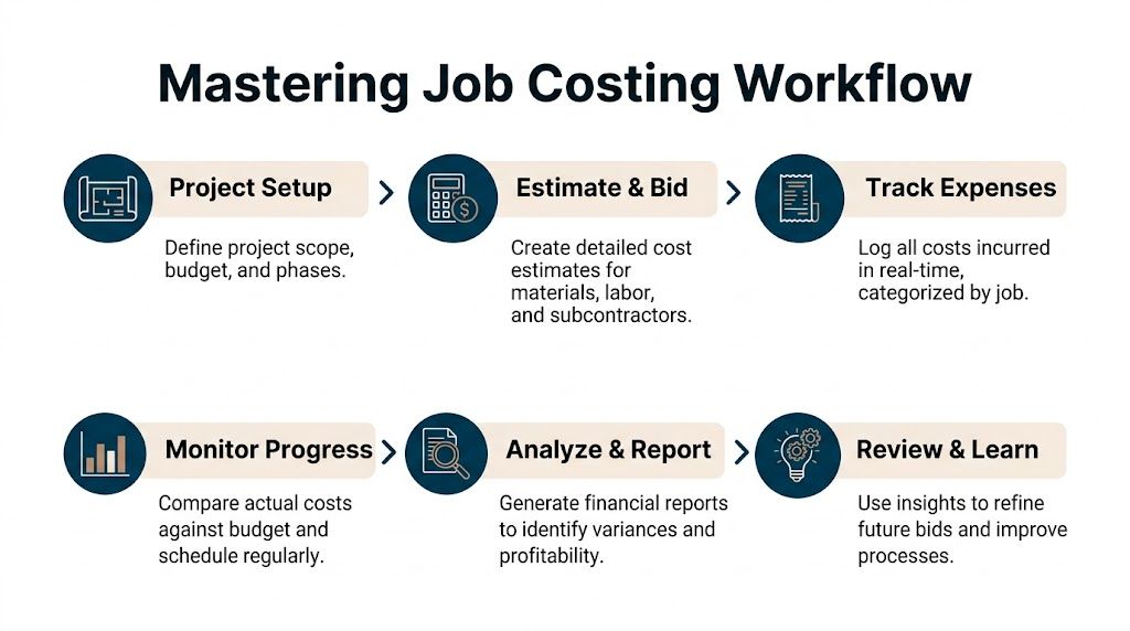 A flowchart titled Mastering Job Costing Workflow showing six steps from project setup to reviewing and learning.