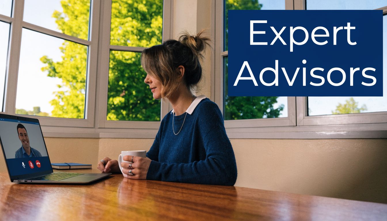 A woman drinking coffee while consulting with an expert advisor over a video call on her laptop.