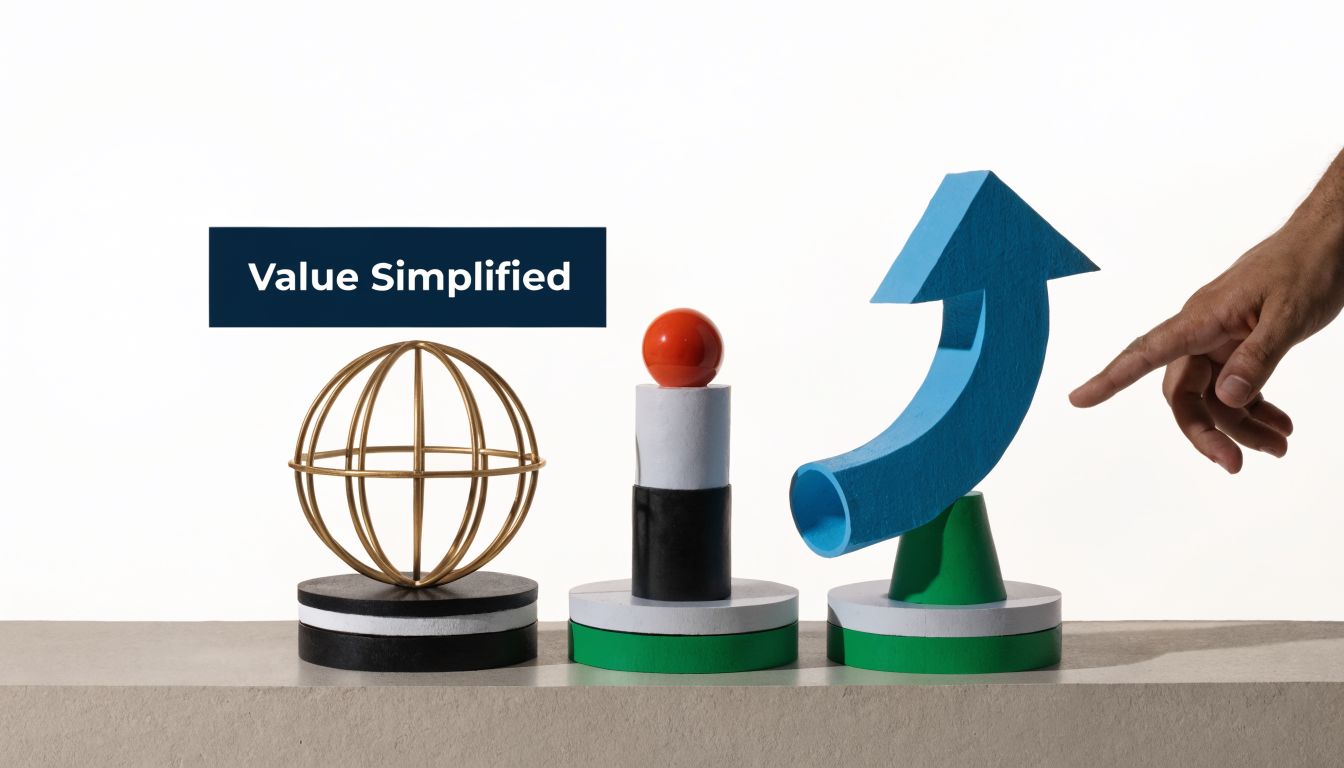 A hand pointing toward a symbolic abstract art piece representing growth and business valuation concepts.