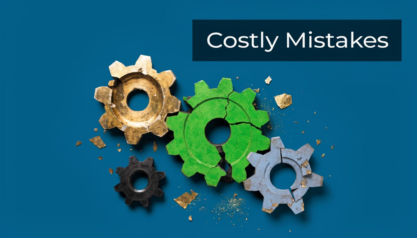Several broken metal gears in different colors resting on a deep blue background with text Costly Mistakes.