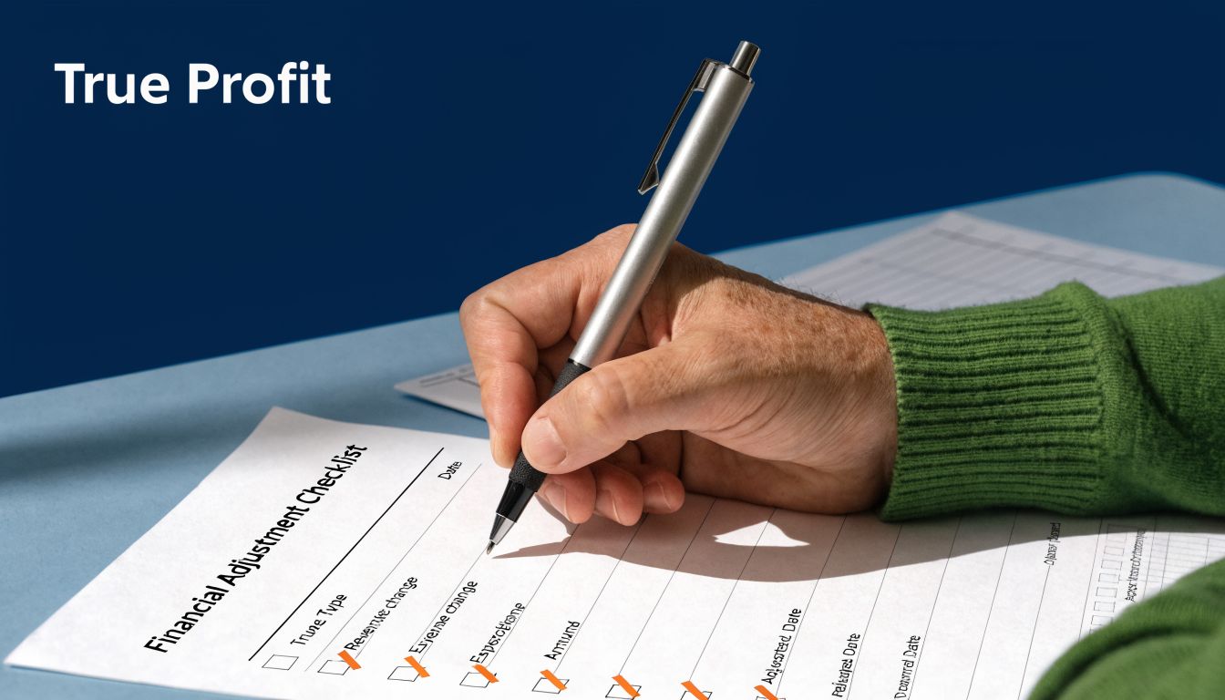 A close-up view of a person filling out a financial adjustment checklist form with a pen.