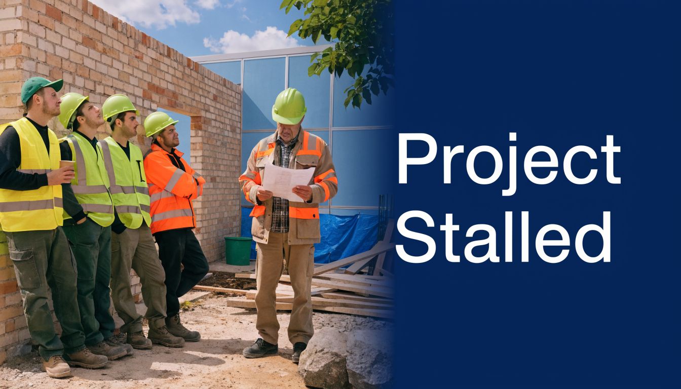 A construction site manager reviewing blueprints while four workers look on in a stalled project setting.