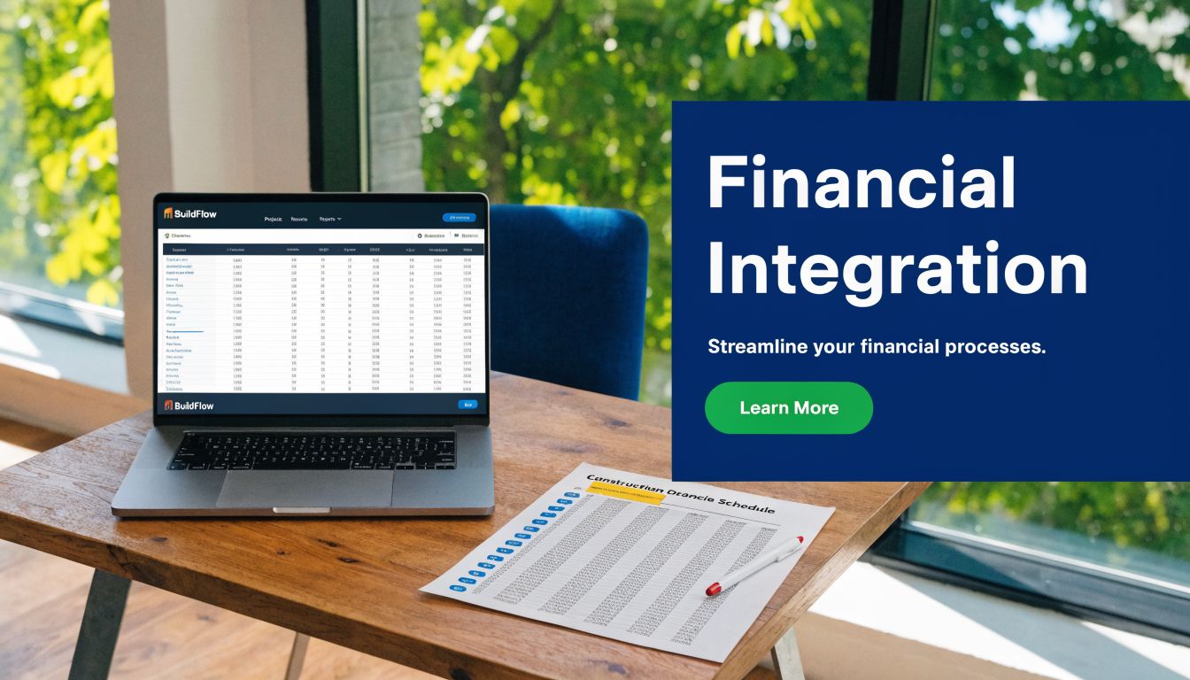 A laptop displaying BuildFlow software alongside a printed construction draw schedule document on a wooden table.