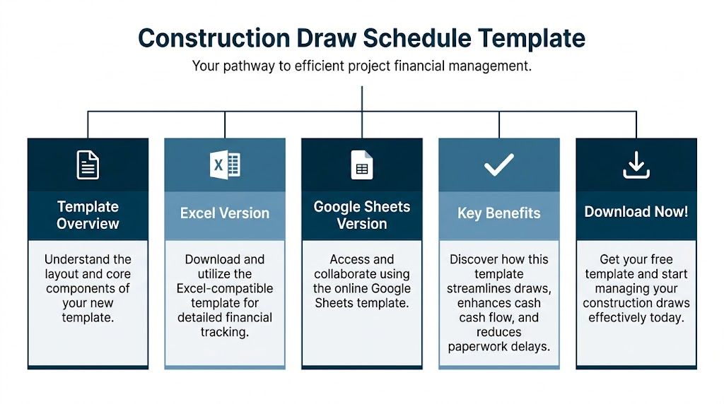 A graphic titled Construction Draw Schedule Template showing options for Excel, Google Sheets, benefits, and download.