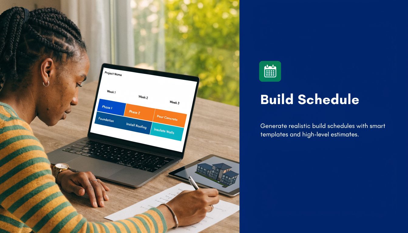 A woman working on a digital construction schedule template with architectural diagrams on a laptop screen.