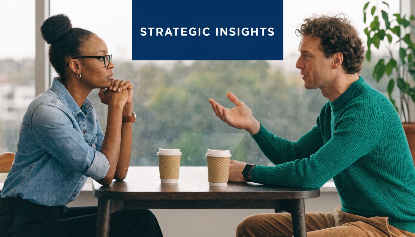 A professional woman and man having a collaborative business discussion while sitting at a cafe table.
