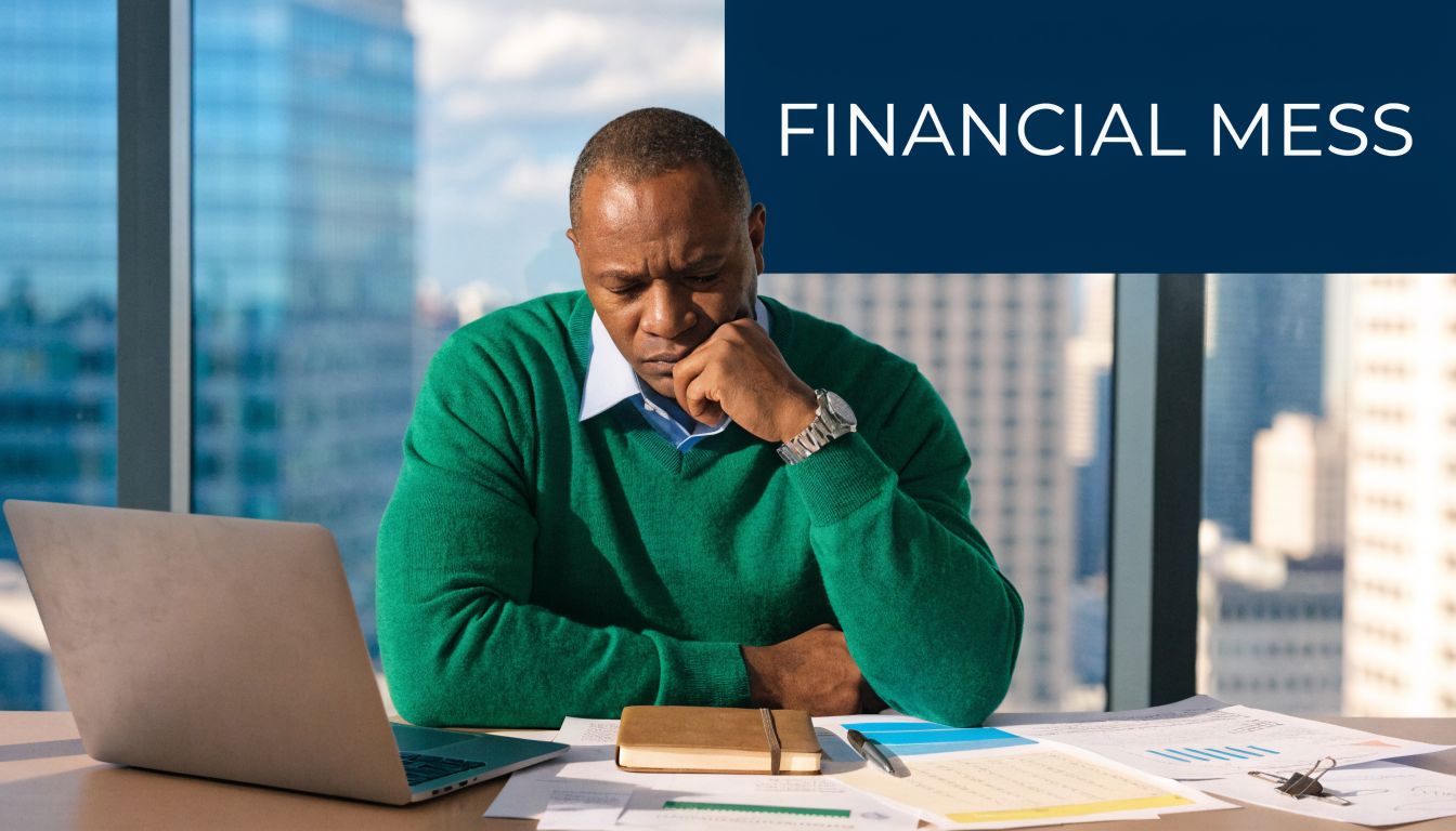 A concerned business professional looking at financial papers and a laptop in a modern office setting.
