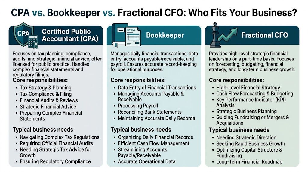 A comparison chart outlining the roles and responsibilities of CPAs, bookkeepers, and fractional CFOs for business.