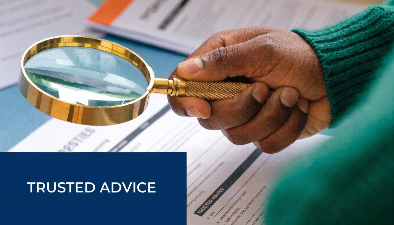 A person holding a magnifying glass over a document with the heading Trusted Advice.