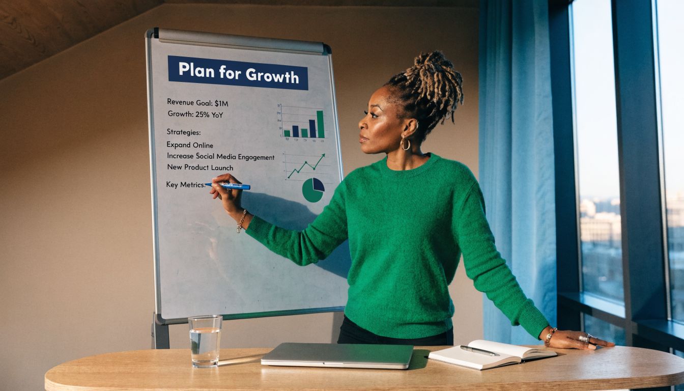 A professional woman in a green sweater presenting a business growth plan on a whiteboard.