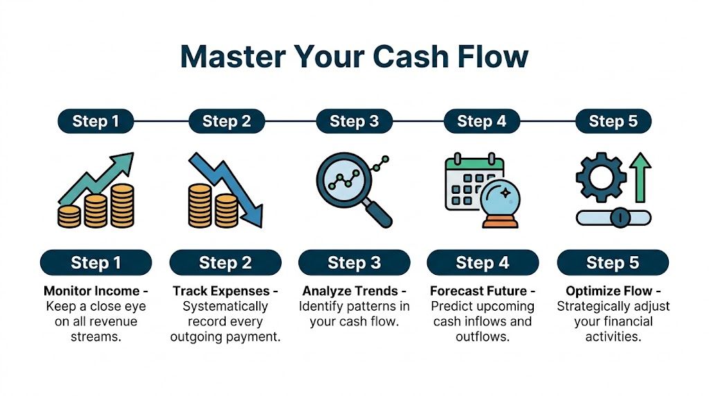 A five-step infographic showing the process for mastering cash flow in a business.