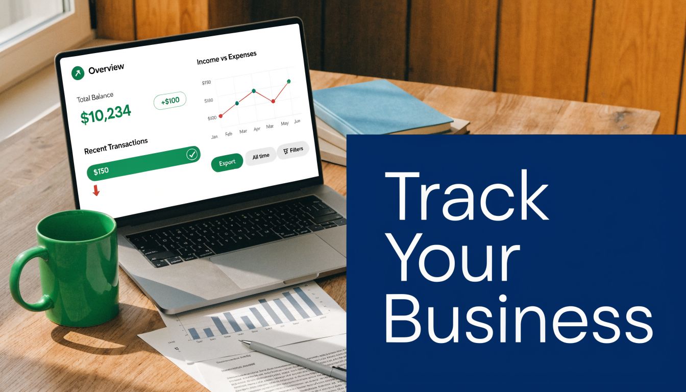 A laptop displays a financial dashboard alongside a coffee cup and business charts on a wooden desk.