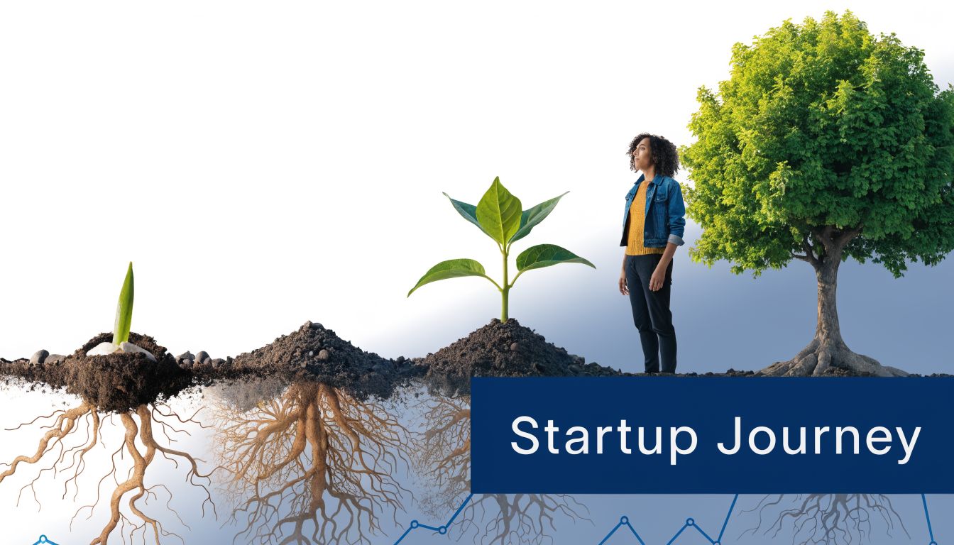A conceptual image showing the startup journey with a seedling growing into a tree alongside a person.