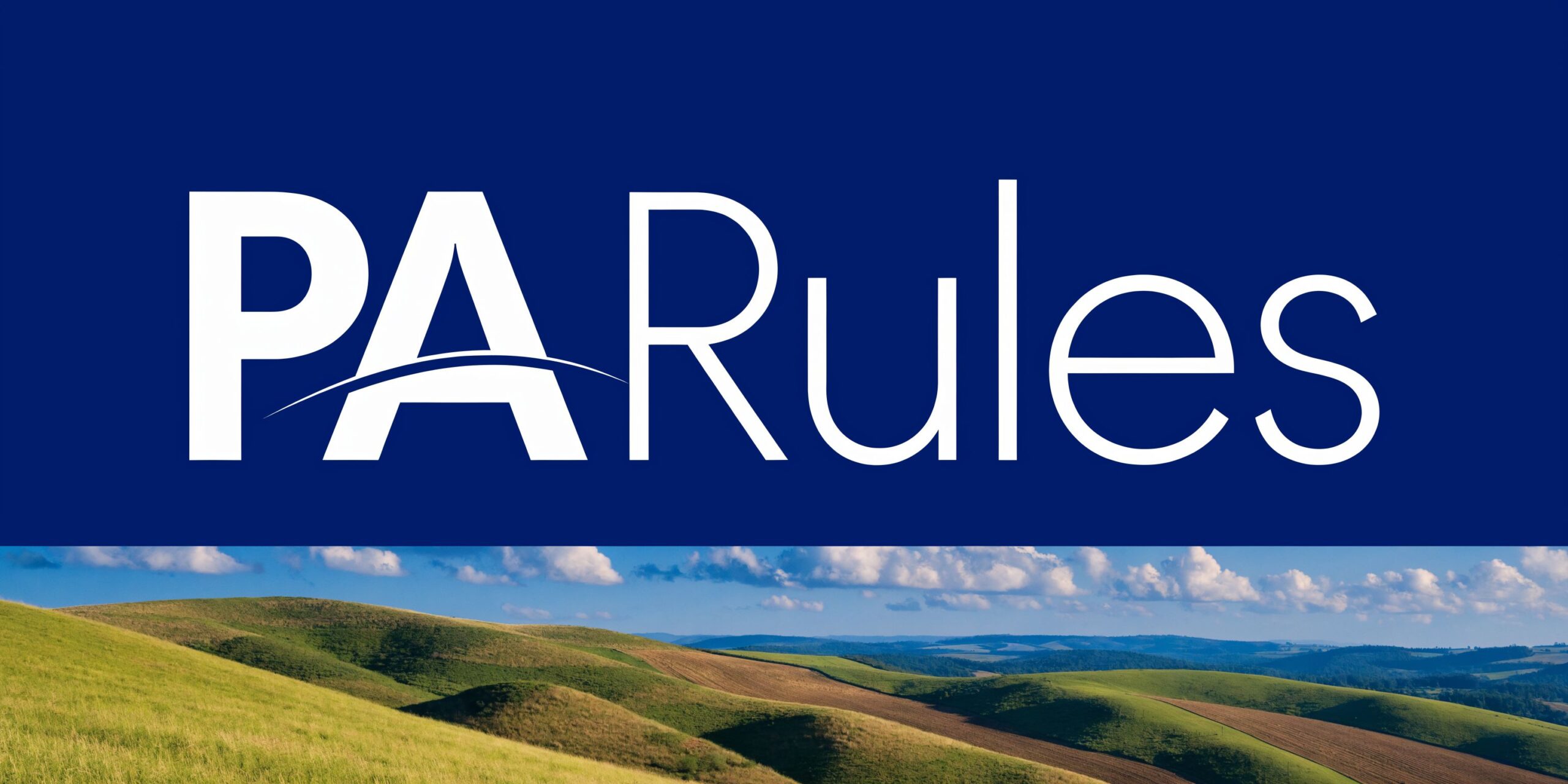 A professional logo titled PARules set against a dark blue background above rolling green hills.