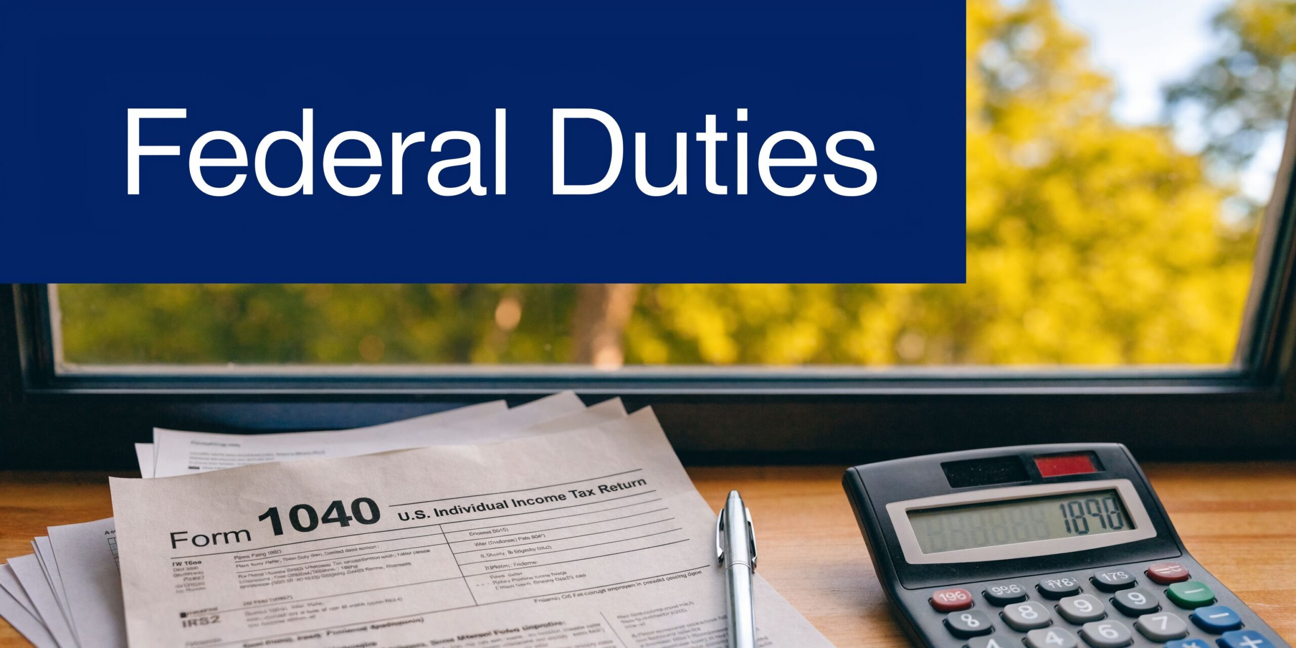 An IRS Form 1040 document with a pen and a calculator sitting on a wooden table.