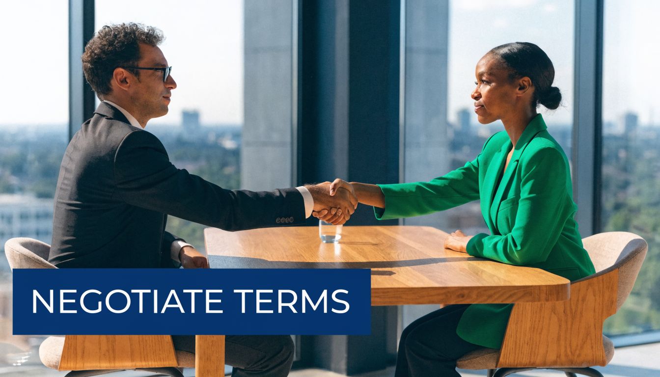A professional man and woman shaking hands across a table, symbolizing a successful business agreement and negotiation.