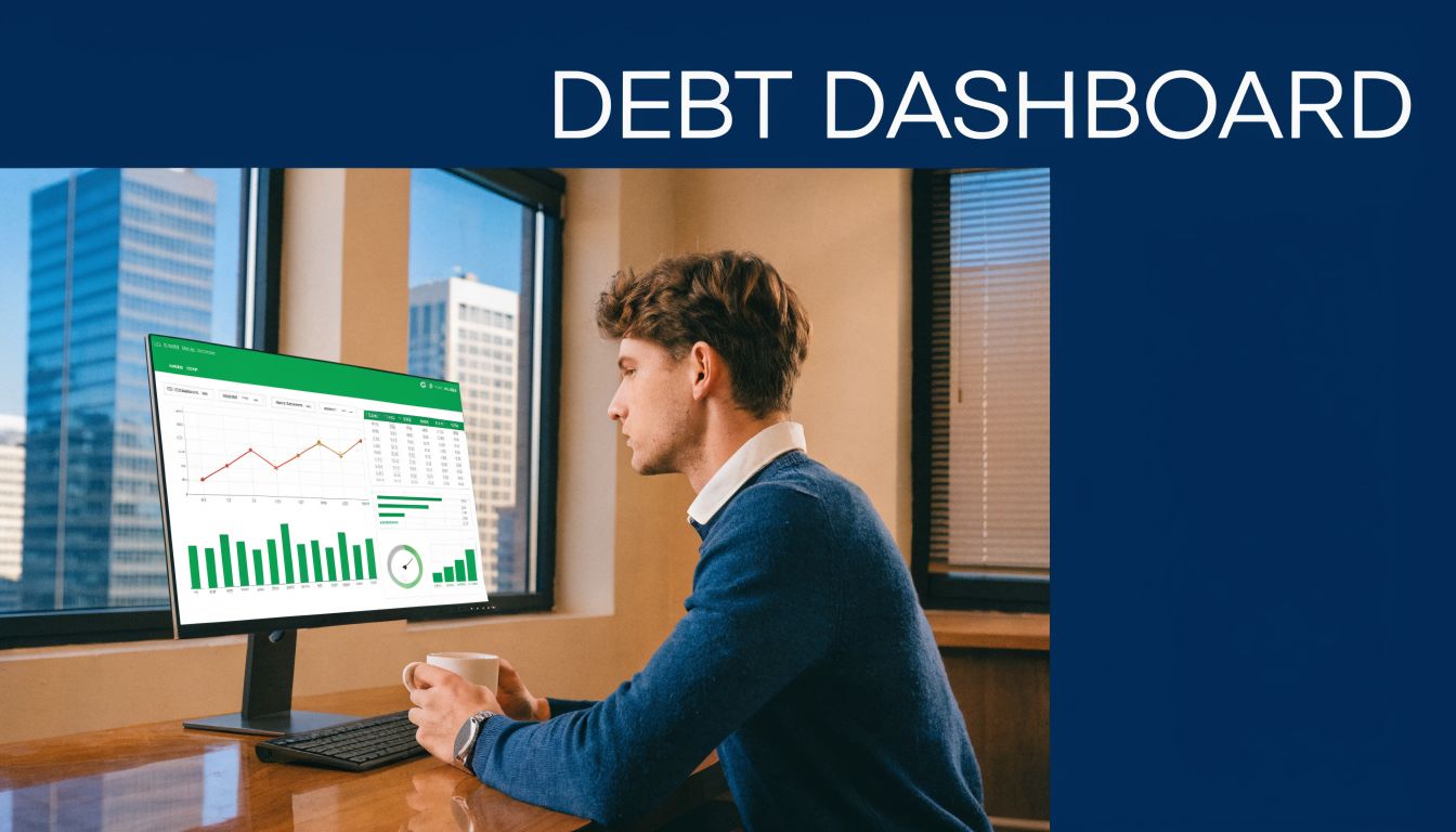 A young professional analyzing a debt dashboard on a computer monitor in a modern office setting.