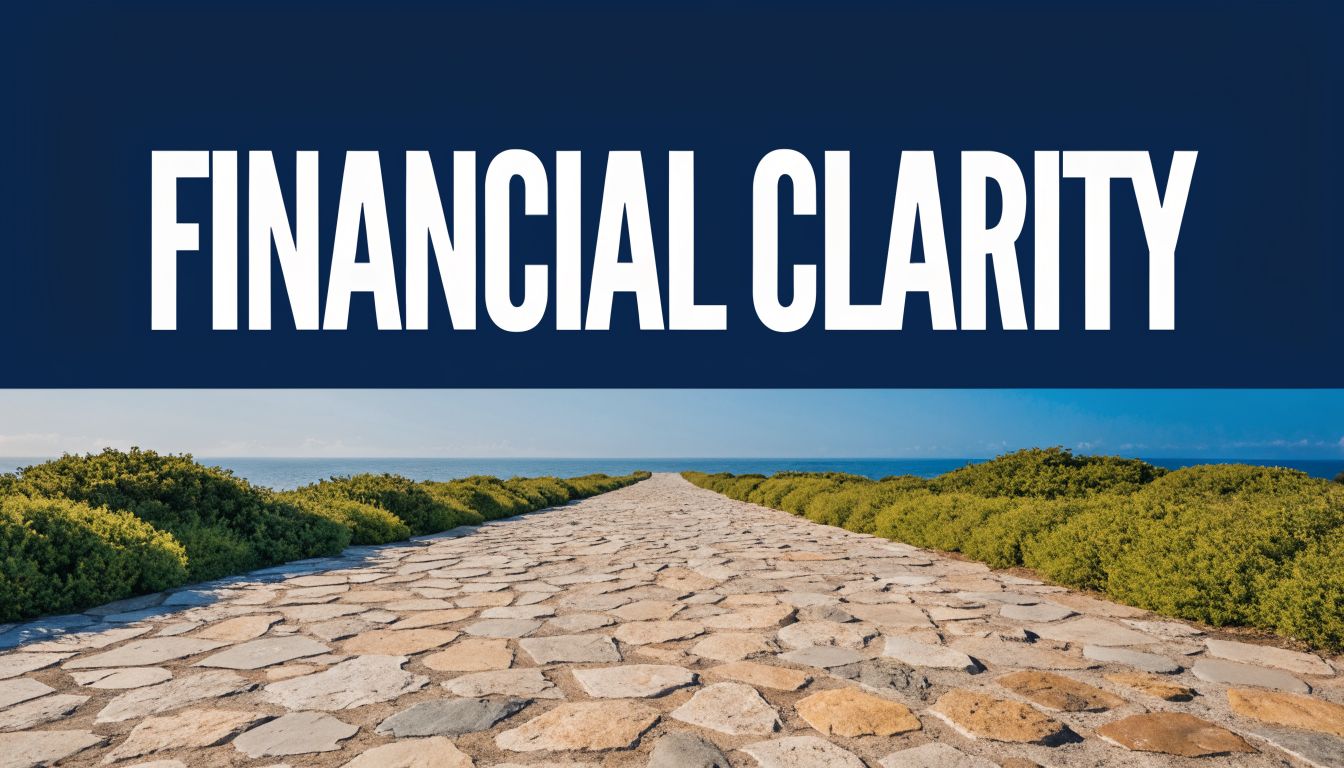 A stone path leading toward the ocean under a dark blue sky with the text Financial Clarity.