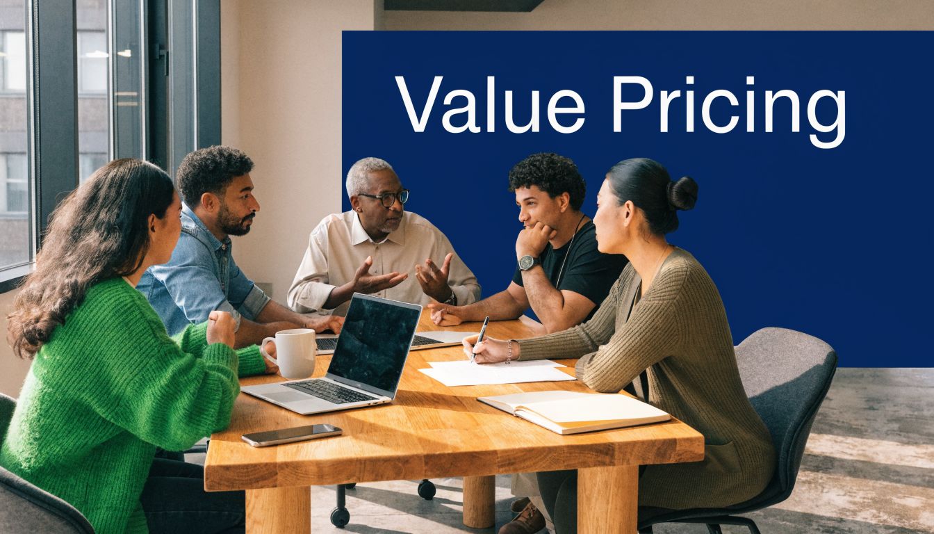 A diverse team of professionals collaborating around a wooden meeting table in a modern office environment.