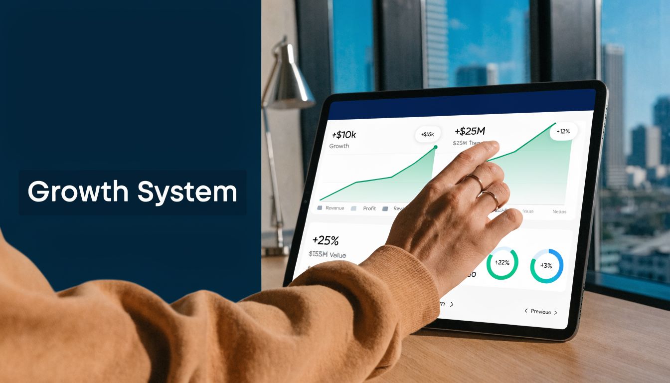 A professional analyzing business growth data on a digital tablet screen in a modern office.