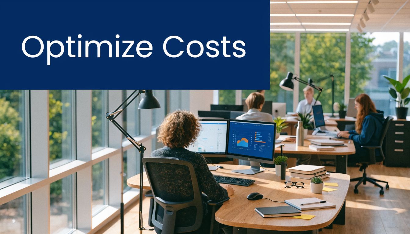 A professional in a bright modern office working on computer screens to optimize business costs.