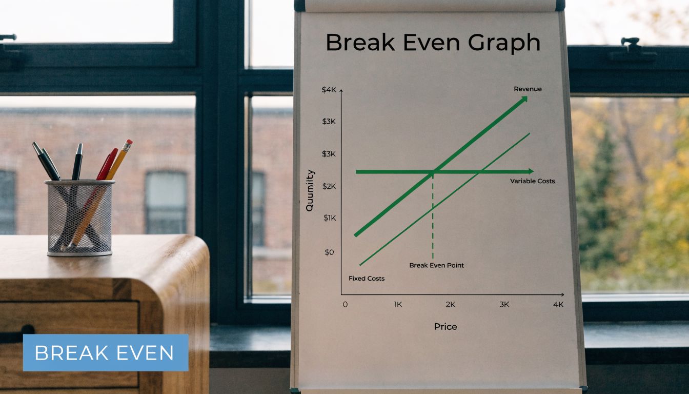 A professional whiteboard presentation displaying a break even graph in an office with pens in a holder.