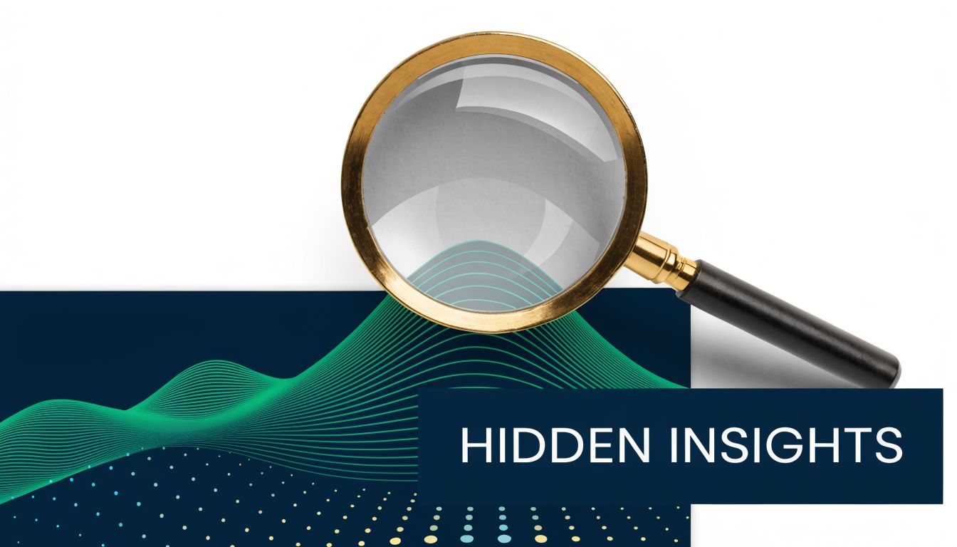 A magnifying glass positioned over a digital data wave graphic with the words Hidden Insights displayed nearby.