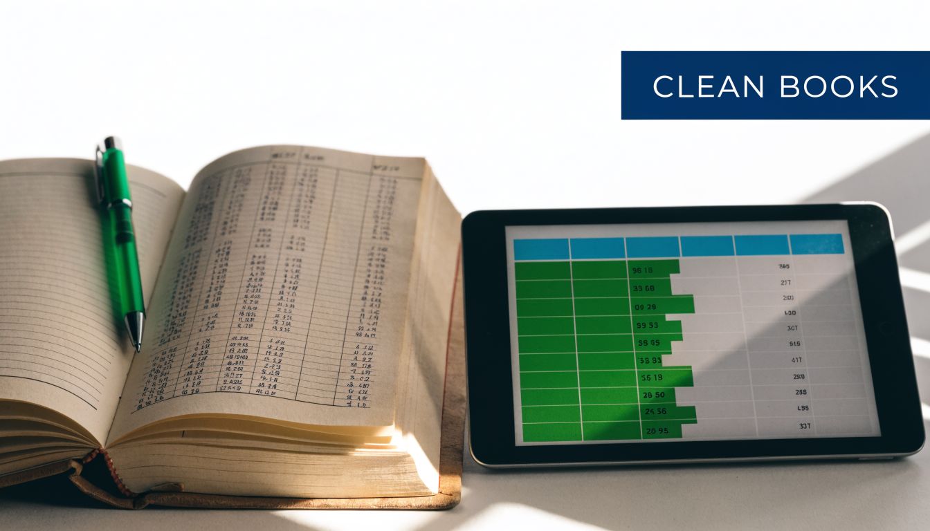 An open accounting ledger book with a green pen next to a digital tablet displaying financial spreadsheet data.