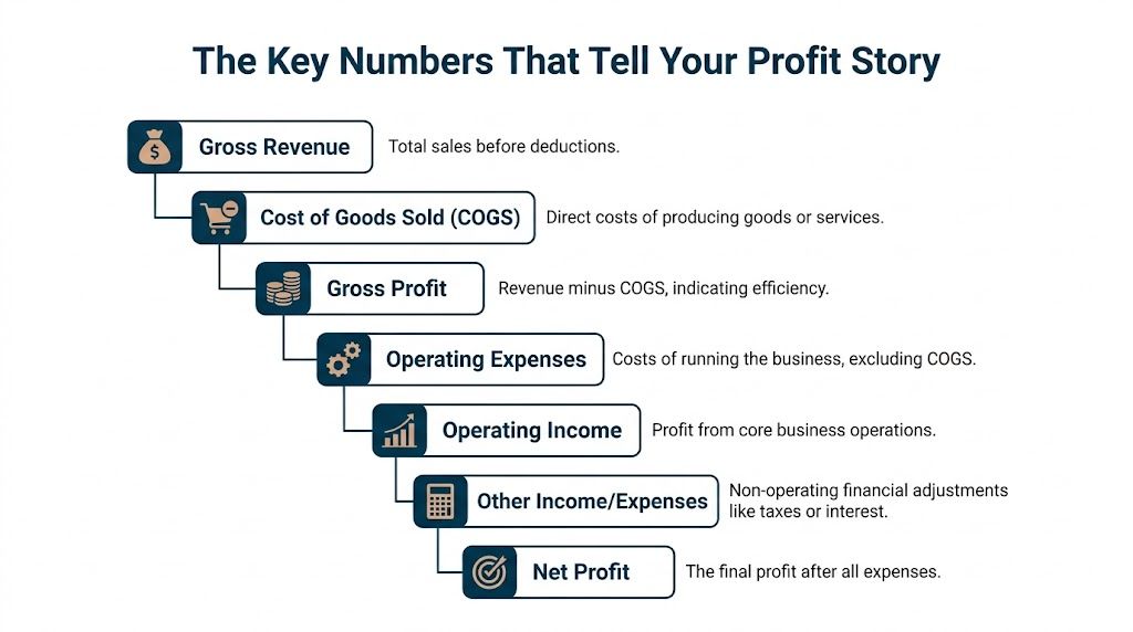 A flow chart titled The Key Numbers That Tell Your Profit Story illustrating business financial metrics.