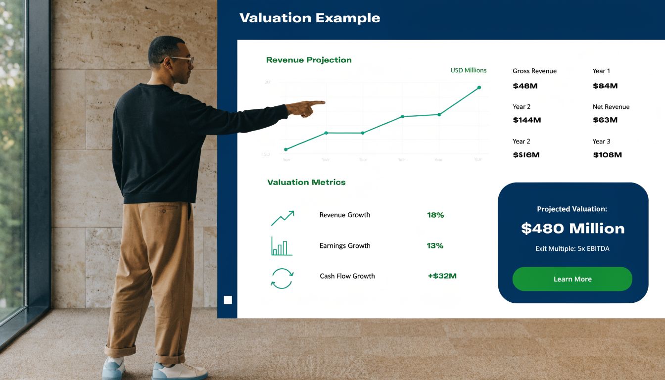 A professional man pointing at a presentation screen displaying financial charts and valuation metrics for business planning.