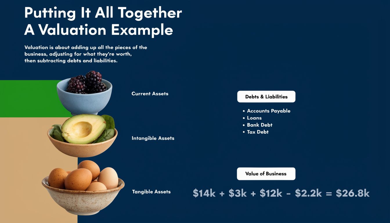 A visual guide illustrating how to value a small business by calculating assets minus debts and liabilities.