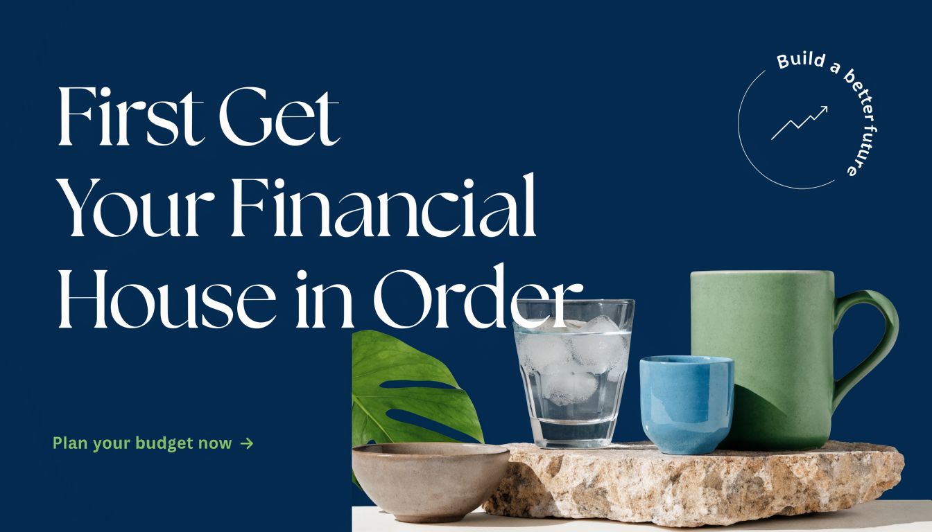 A minimalist composition featuring a green mug, a blue cup, a glass of water, and a bowl on a rock.